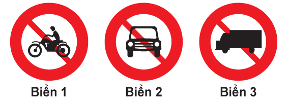 Ba biển cấm tròn viền đỏ, đánh số Biển 1, Biển 2, Biển 3